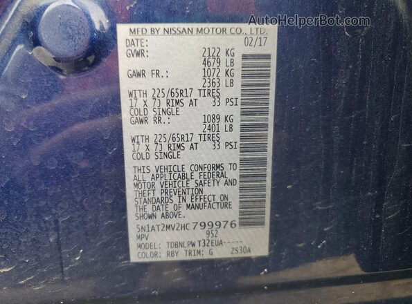 5N1AT2MV2HC799976 2017 NISSAN ROGUE Blue VIN կոդի պիտակի տեսք