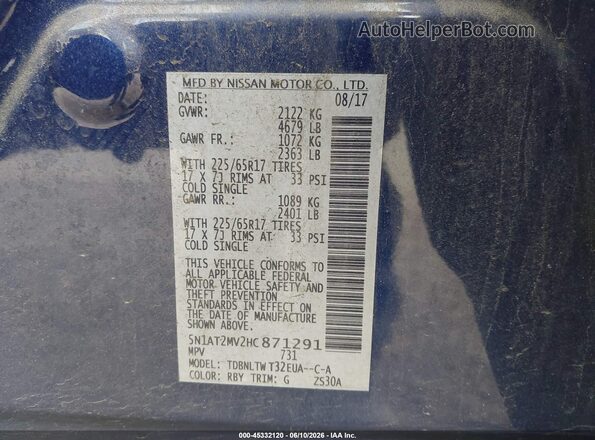 5N1AT2MV2HC871291 2017 NISSAN ROGUE Blue ძრავის განყოფილების ხედი