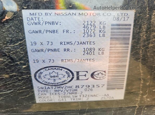 5N1AT2MV2HC879357 2017 NISSAN ROGUE Black VIN կոդի պիտակի տեսք