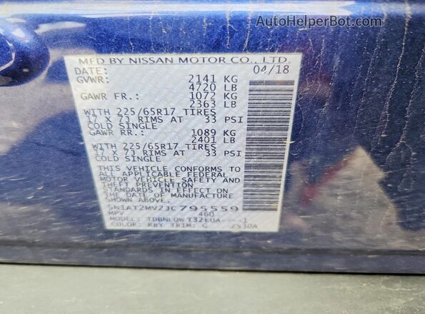 5N1AT2MV2JC795559 2018 NISSAN ROGUE Blue 