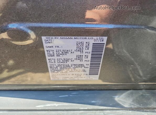 5N1AT2MV2JC830228 2018 NISSAN ROGUE Gray Vista de la etiqueta del VIN