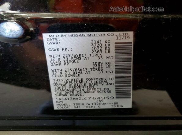 5N1AT2MV2LC764959 2020 NISSAN ROGUE Black Widok naklejki z numerem VIN