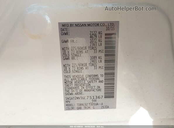 5N1AT2MV3GC751367 2016 NISSAN ROGUE White ძრავის განყოფილების ხედი