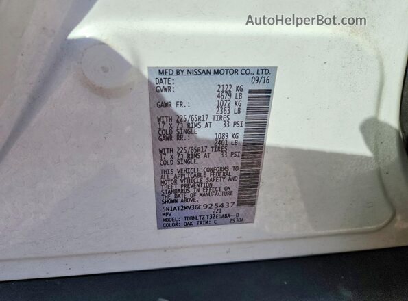 5N1AT2MV3GC925437 2016 NISSAN ROGUE White Вид наклейки з VIN-кодом