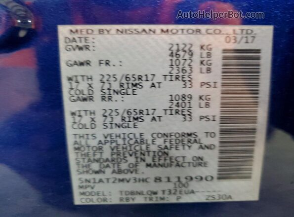 5N1AT2MV3HC811990 2017 NISSAN ROGUE Blue VIN sticker view