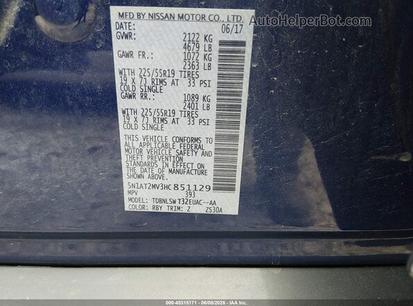 5N1AT2MV3HC851129 2017 NISSAN ROGUE Blue 
