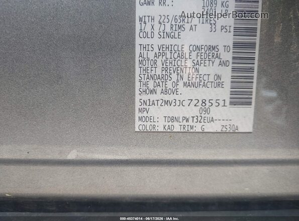 5N1AT2MV3JC728551 2018 NISSAN ROGUE Gray Вид підкапотного простору