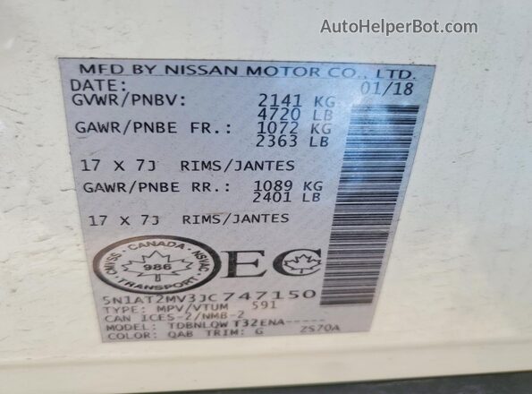 5N1AT2MV3JC747150 2018 NISSAN ROGUE White 