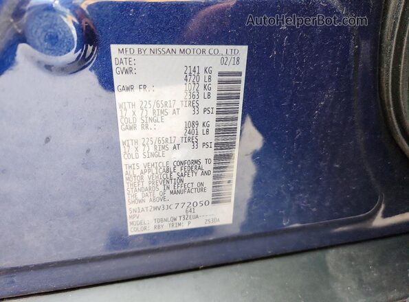 5N1AT2MV3JC772050 2018 NISSAN ROGUE Blue VIN կոդի պիտակի տեսք