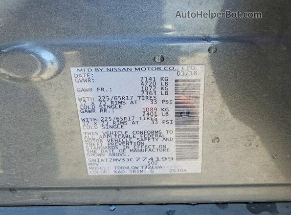 5N1AT2MV3JC774199 2018 NISSAN ROGUE Gray VIN sticker view