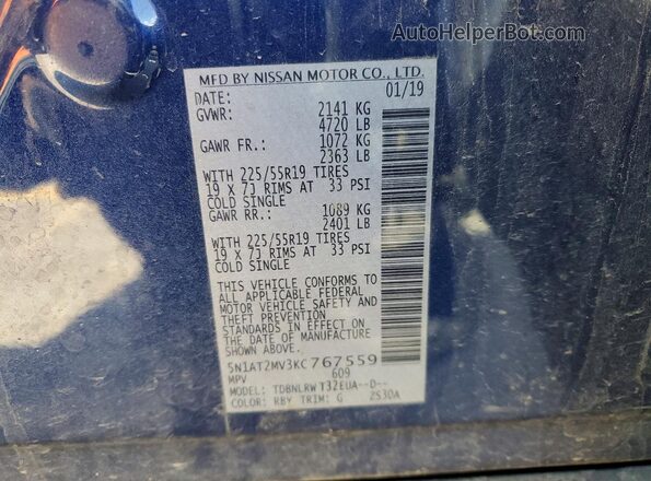 5N1AT2MV3KC767559 2019 NISSAN ROGUE Blue 
