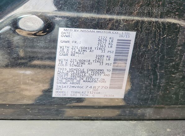 5N1AT2MV4GC748770 2016 NISSAN ROGUE Black Вид наклейки з VIN-кодом