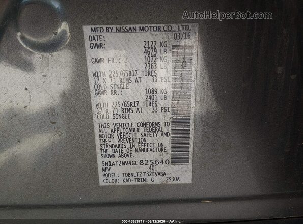 5N1AT2MV4GC825640 2016 NISSAN ROGUE Gray Շարժիչի բաժամունքի տեսք