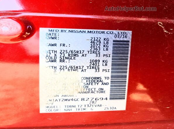 5N1AT2MV4GC827694 2016 NISSAN ROGUE Темно-бордовый 