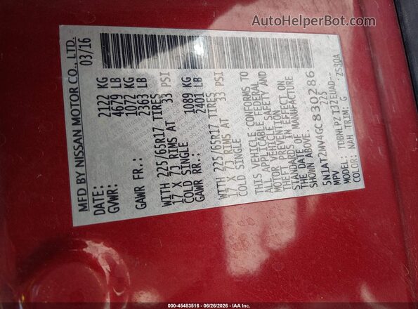 5N1AT2MV4GC830286 2016 NISSAN ROGUE Burgundy Вид підкапотного простору