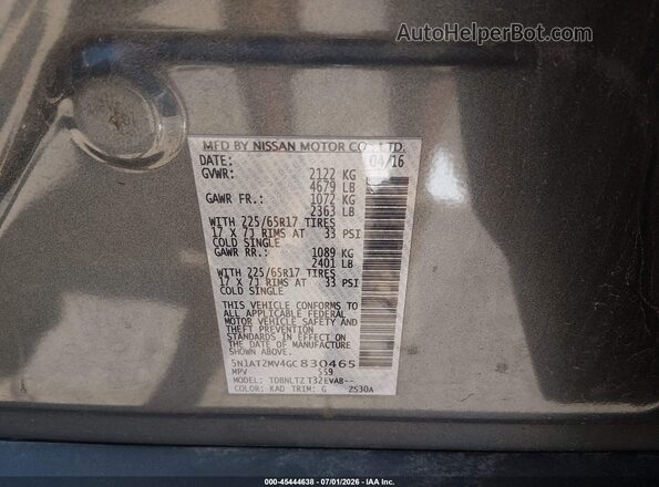 5N1AT2MV4GC830465 2016 NISSAN ROGUE Gray Вид підкапотного простору