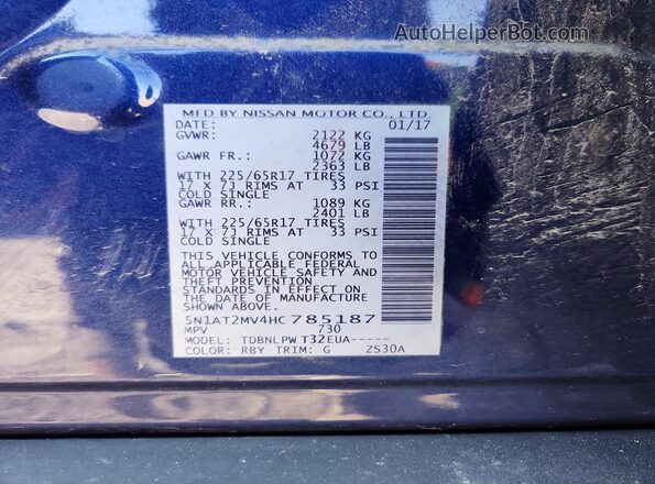 5N1AT2MV4HC785187 2017 NISSAN ROGUE Blue VIN sticker view