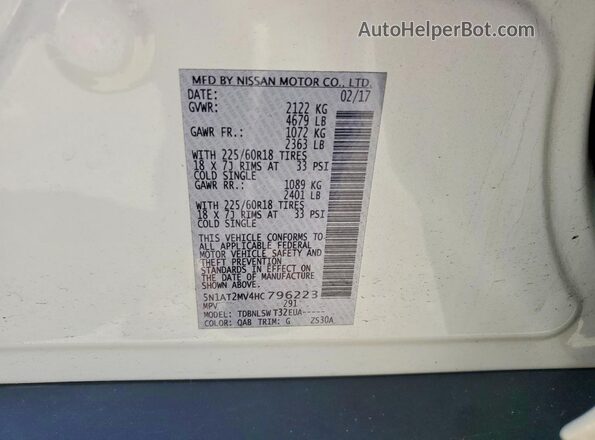 5N1AT2MV4HC796223 2017 NISSAN ROGUE White Vista de la etiqueta del VIN