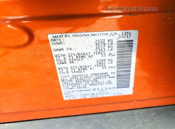 5N1AT2MV4HC811349 2017 NISSAN ROGUE Orange Engine compartment view