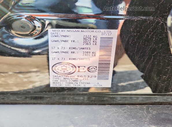 5N1AT2MV4HC865329 2017 NISSAN ROGUE Black Вид наклейки з VIN-кодом