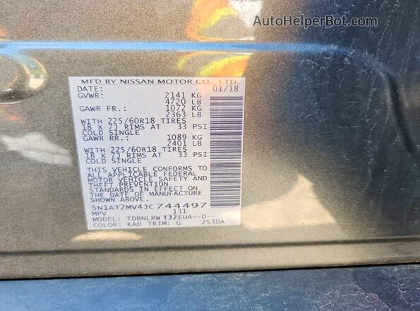5N1AT2MV4JC744497 2018 NISSAN ROGUE Gray Widok naklejki z numerem VIN