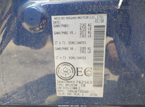 5N1AT2MV4JC762563 2018 NISSAN ROGUE Blue Widok komory silnika