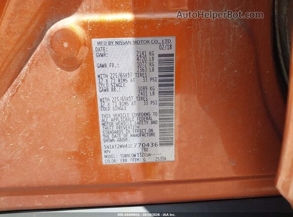 5N1AT2MV4JC770436 2018 NISSAN ROGUE Orange Вид підкапотного простору