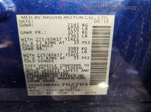 5N1AT2MV4KC702705 2019 NISSAN ROGUE Blue Вид наклейки з VIN-кодом
