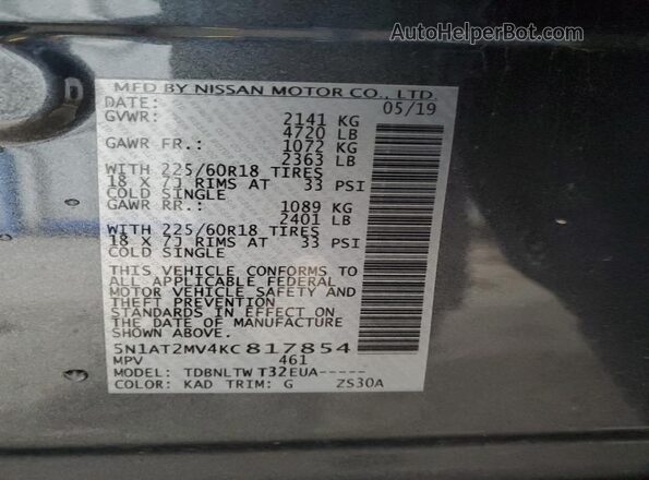 5N1AT2MV4KC817854 2019 NISSAN ROGUE Gray 360 interior view
