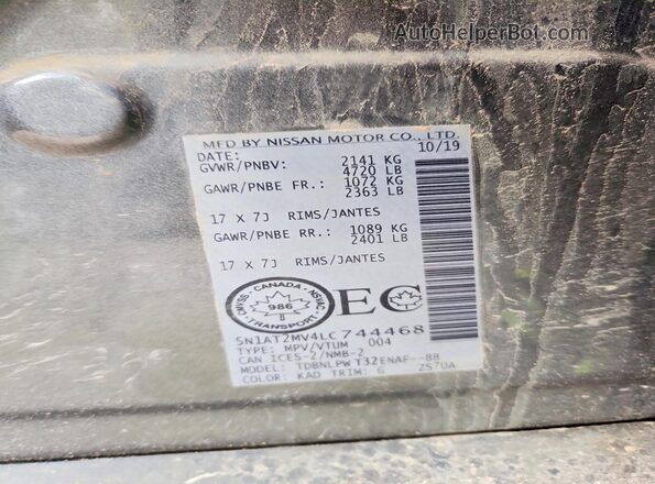 5N1AT2MV4LC744468 2020 NISSAN ROGUE Gray VIN კოდის სტიკერის ხედი