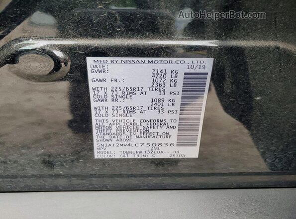 5N1AT2MV4LC750836 2020 NISSAN ROGUE Black VIN კოდის სტიკერის ხედი