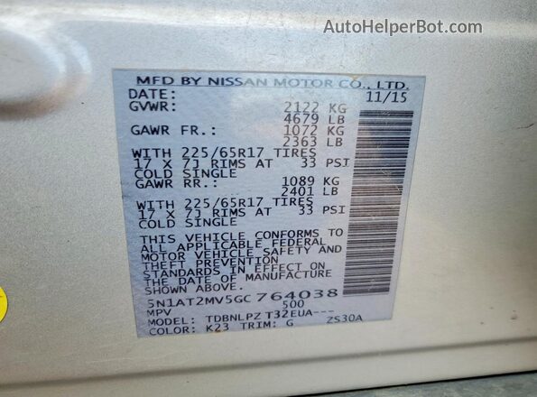 5N1AT2MV5GC764038 2016 NISSAN ROGUE Серебряный 