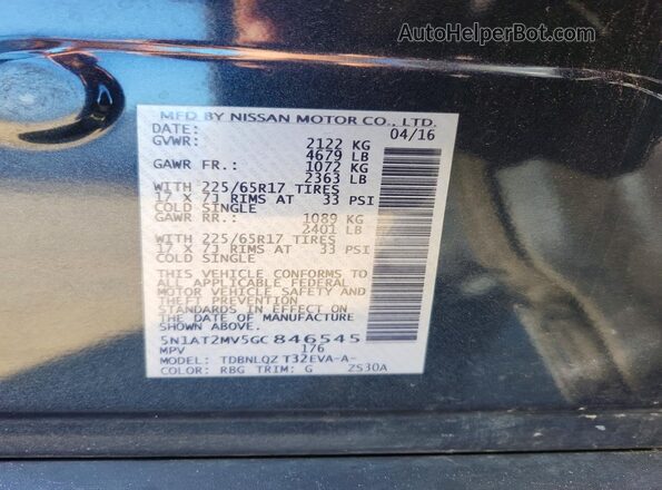 5N1AT2MV5GC846545 2016 NISSAN ROGUE Gray Սալոնի 360 աստիճան տեսք