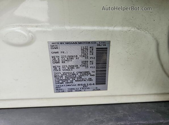 5N1AT2MV5GC866164 2016 NISSAN ROGUE Белый 