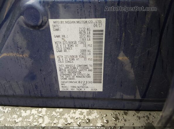 5N1AT2MV5HC822330 2017 NISSAN ROGUE Blue Vista del compartimento del motor