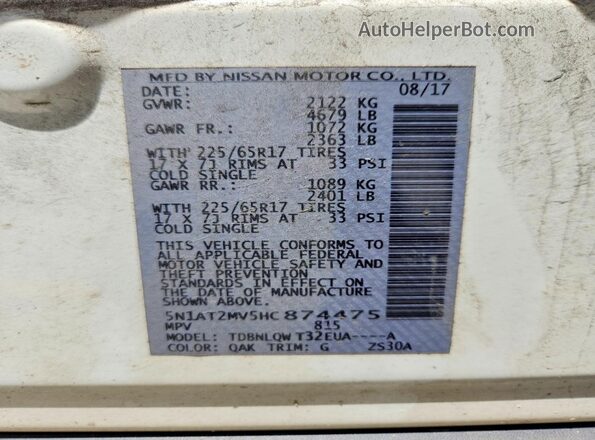5N1AT2MV5HC874475 2017 NISSAN ROGUE White VIN sticker view