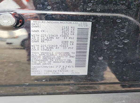 5N1AT2MV5KC773265 2019 NISSAN ROGUE Черный 