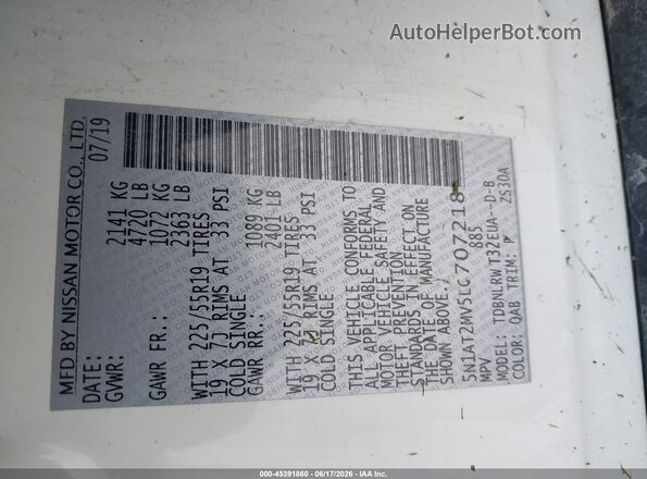 5N1AT2MV5LC707218 2020 NISSAN ROGUE White Widok komory silnika