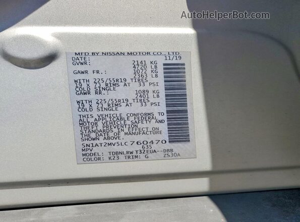 5N1AT2MV5LC760470 2020 NISSAN ROGUE Silver VIN sticker view
