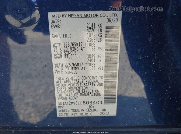 5N1AT2MV5LC803401 2020 NISSAN ROGUE Blue ძრავის განყოფილების ხედი