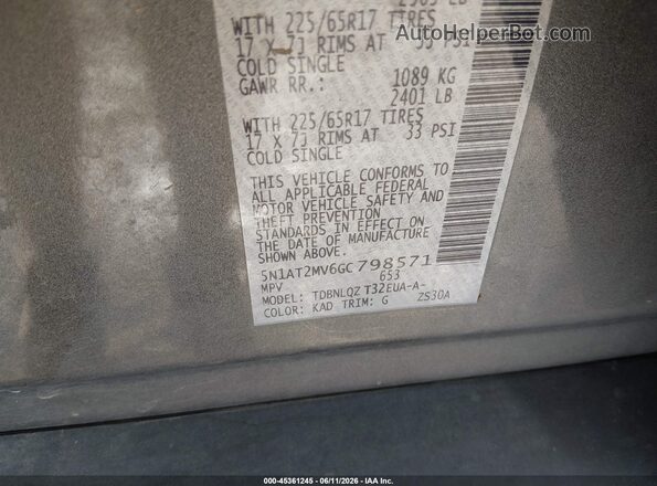 5N1AT2MV6GC798571 2016 NISSAN ROGUE Gray Vista del compartimento del motor