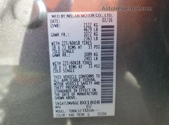 5N1AT2MV6GC801808 2016 NISSAN ROGUE Gray Vista interior de 360 grados