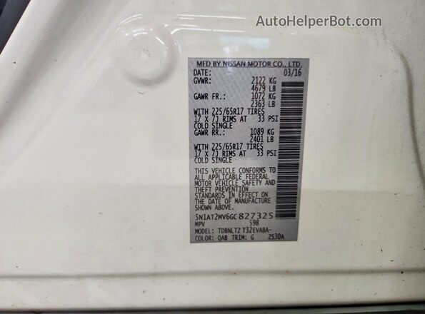 5N1AT2MV6GC827325 2016 NISSAN ROGUE White Widok naklejki z numerem VIN