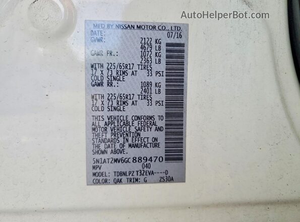 5N1AT2MV6GC889470 2016 NISSAN ROGUE Белый 