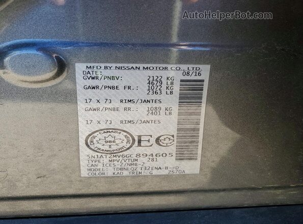 5N1AT2MV6GC894605 2016 NISSAN ROGUE Gray VIN sticker view