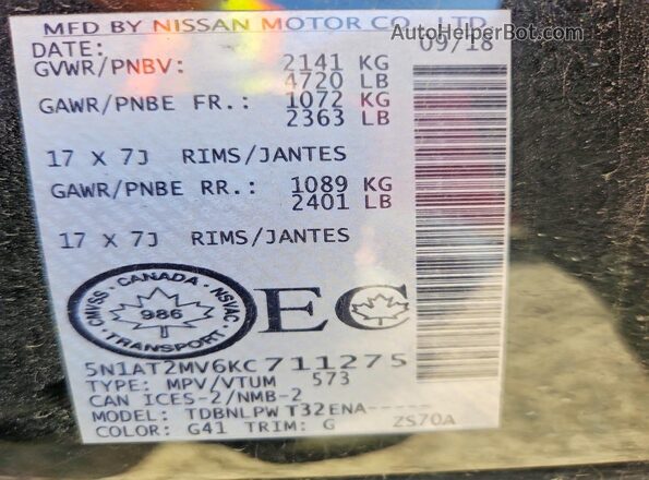5N1AT2MV6KC711275 2019 NISSAN ROGUE Черный 