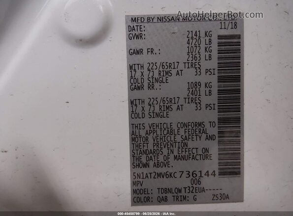 5N1AT2MV6KC736144 2019 NISSAN ROGUE Белый Вид подкапотного пространства