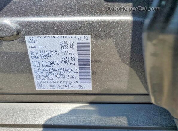 5N1AT2MV6LC772045 2020 NISSAN ROGUE Charcoal Widok wnętrza 360 stopni