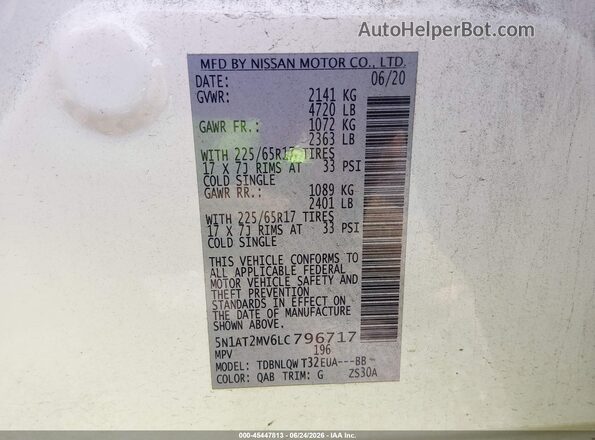 5N1AT2MV6LC796717 2020 NISSAN ROGUE White Widok komory silnika