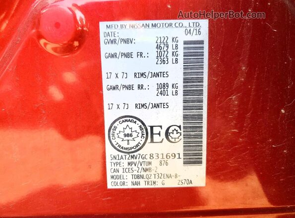 5N1AT2MV7GC831691 2016 NISSAN ROGUE Red 